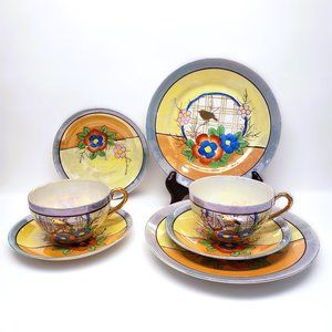 Vtg Hotta Yu Lusterware Tea Cup Saucer Dessert Plate Lot 7 Bird Japan 1920-40s